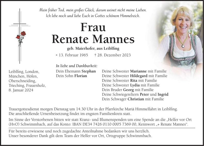 Traueranzeige Renate Mannes