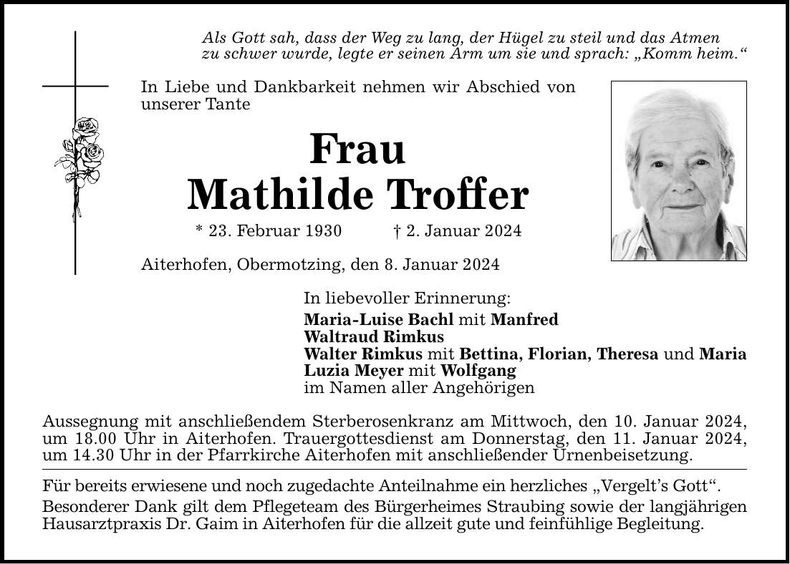 Traueranzeige Mathilde Troffer