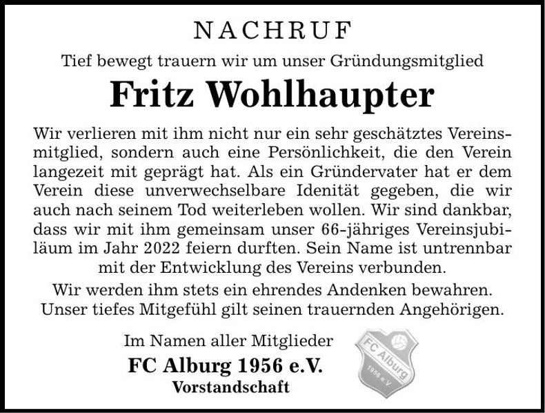 Traueranzeige Fritz Wohlhaupter