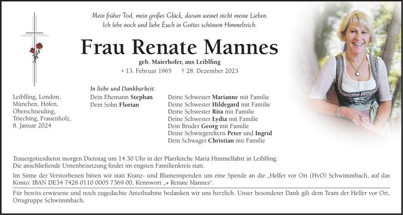Traueranzeige Renate Mannes