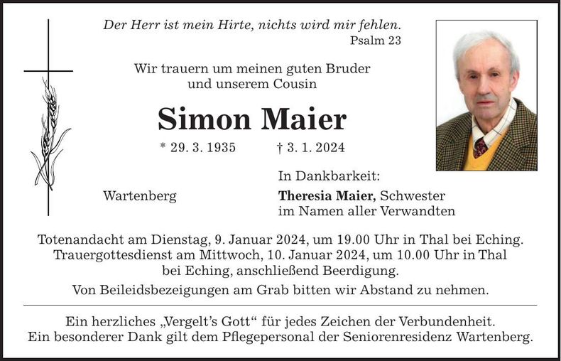 Traueranzeige Simon Maier