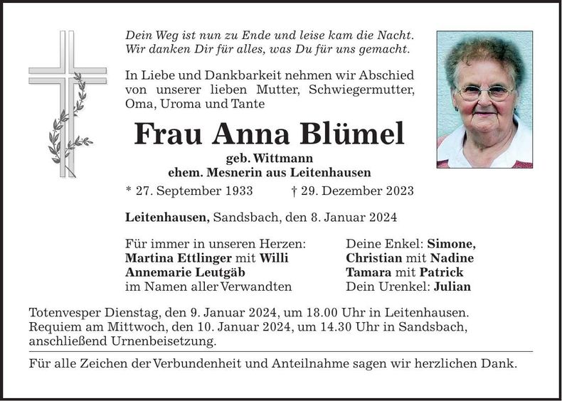 Traueranzeige Anna Blümel