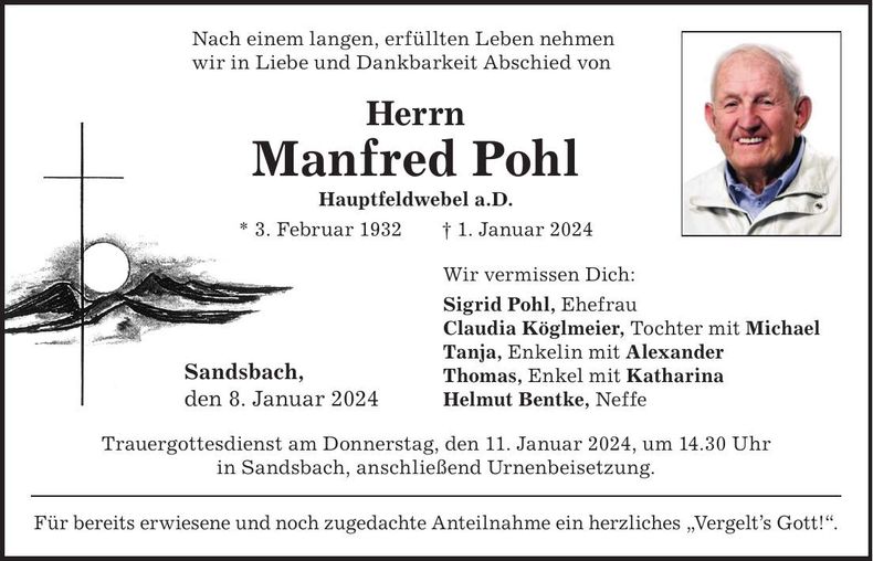 Traueranzeige Manfred Pohl