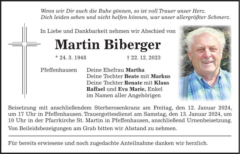 Traueranzeige Martin Biberger