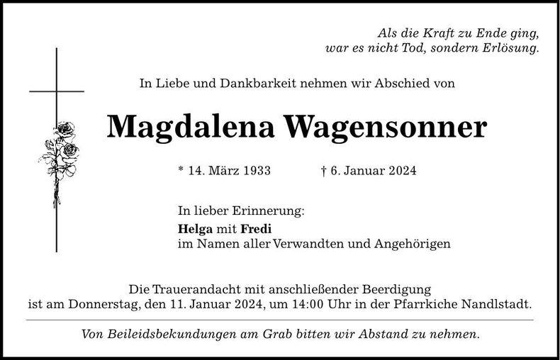 Traueranzeige Magdalena Wagensonner