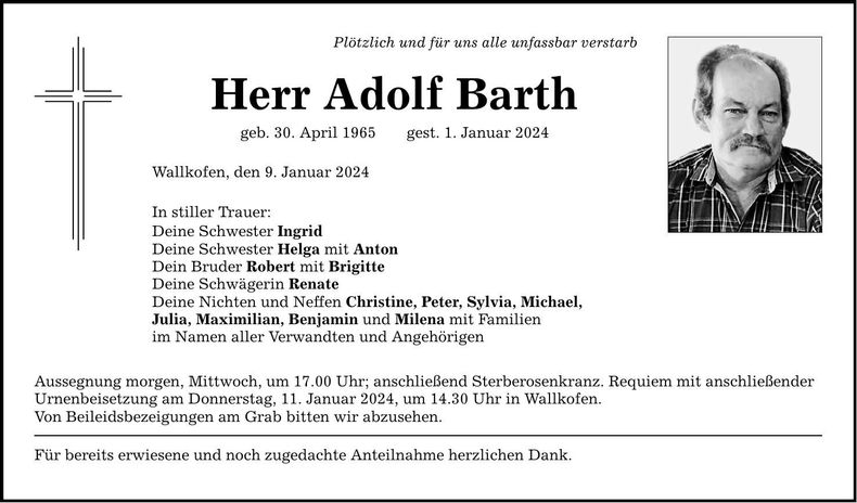 Traueranzeige Adolf Barth