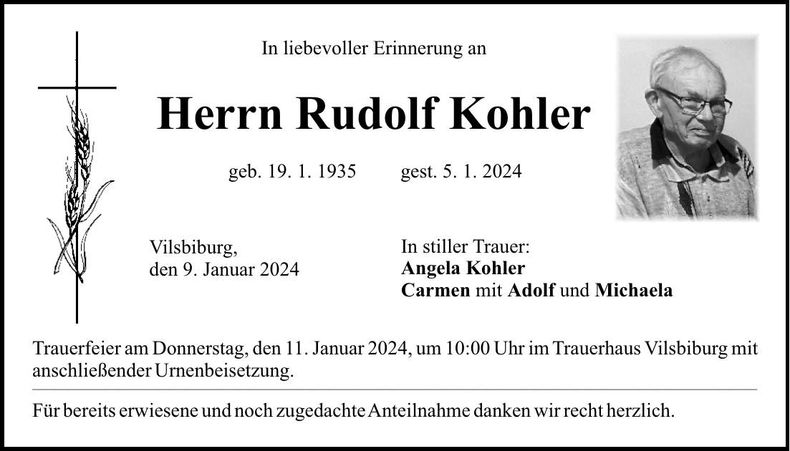 Traueranzeige Rudolf Kohler