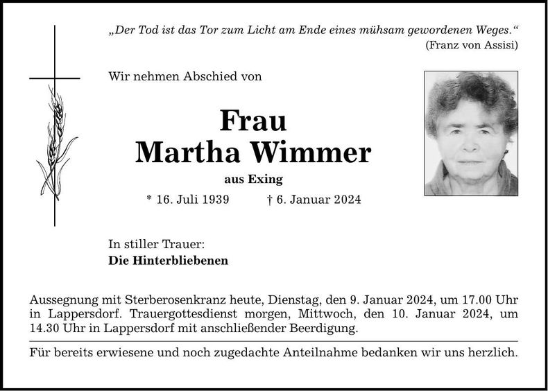 Traueranzeige Martha Wimmer
