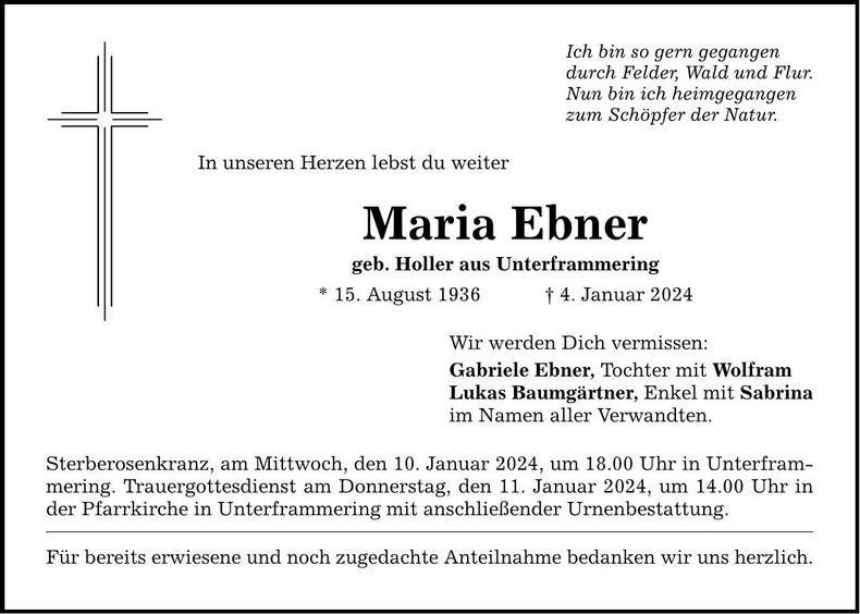 Traueranzeige Maria Ebner