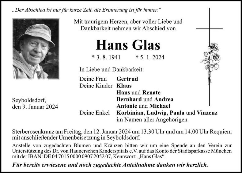 Traueranzeige Hans Glas