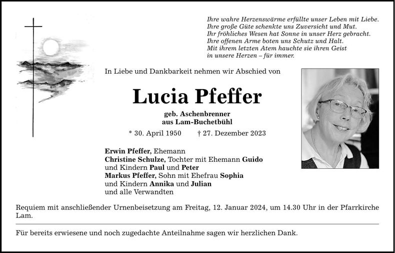 Traueranzeige Lucia Pfeffer