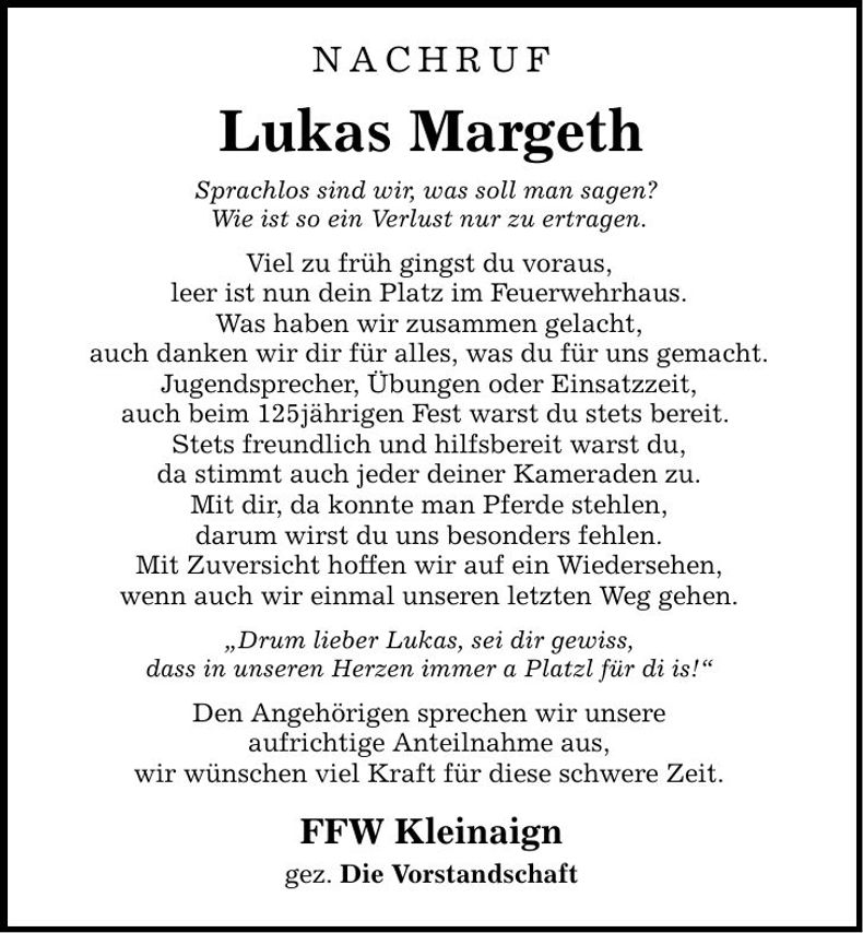 Traueranzeige Lukas Margeth