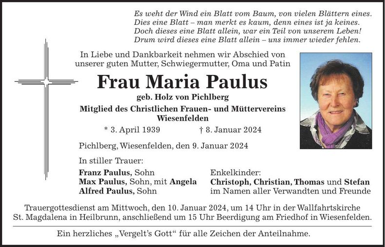 Traueranzeige Maria Paulus