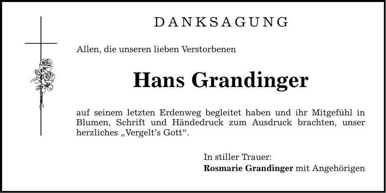 Traueranzeige Hans Grandinger