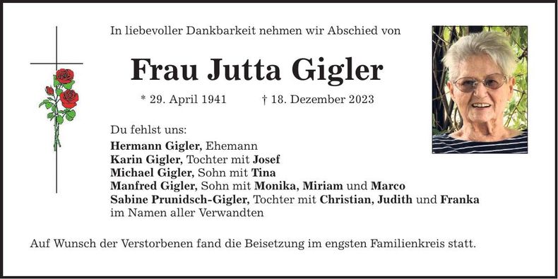 Traueranzeige Jutta Gigler