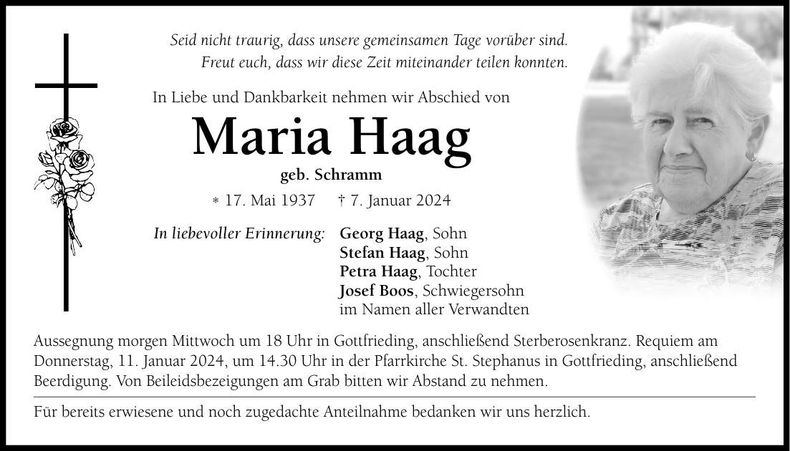 Traueranzeige Maria Haag