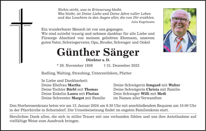 Traueranzeige Günther Sänger