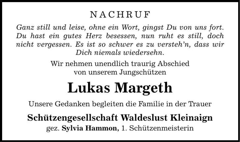 Traueranzeige Lukas Margeth