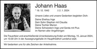 Traueranzeige Johann Haas