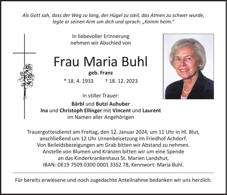 Traueranzeige Maria Buhl