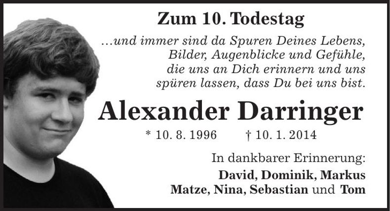 Traueranzeige Alexander Darringer