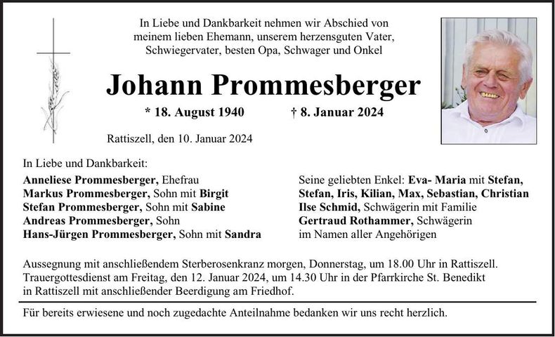 Traueranzeige Johann Prommesberger