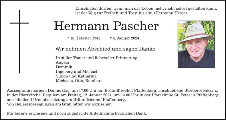 Traueranzeige Hermann Pascher