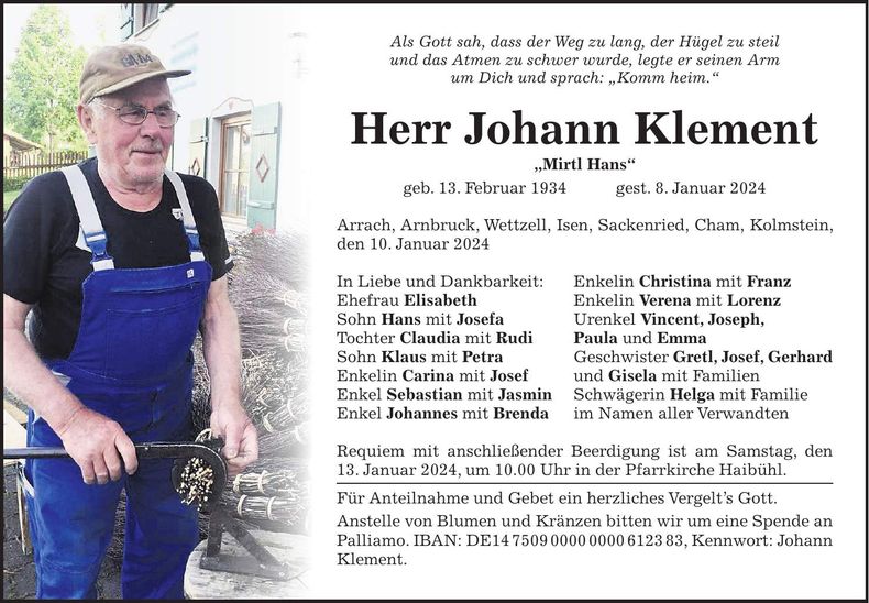 Traueranzeige Johann Klement