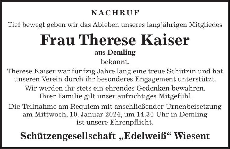 Traueranzeige Therese Kaiser