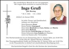 Traueranzeige Inge Gruß