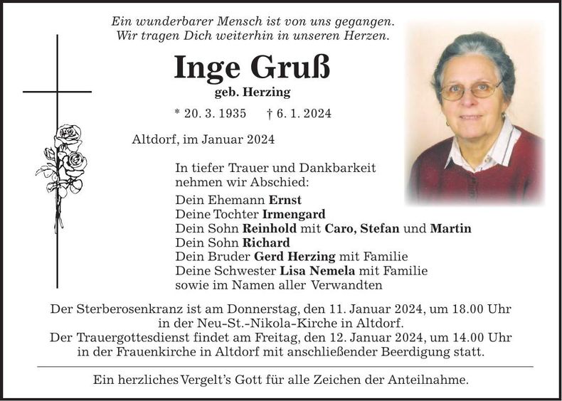 Traueranzeige Inge Gruß