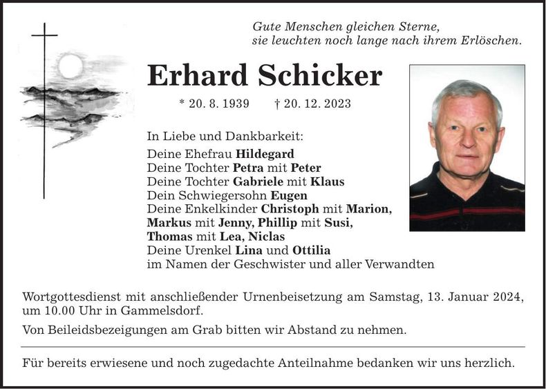 Traueranzeige Erhard Schicker
