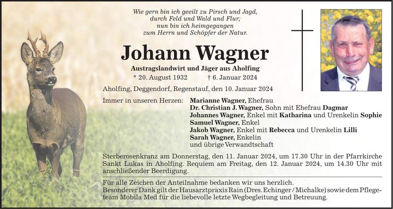 Traueranzeige Johann Wagner