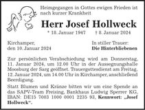 Traueranzeige Josef Hollweck