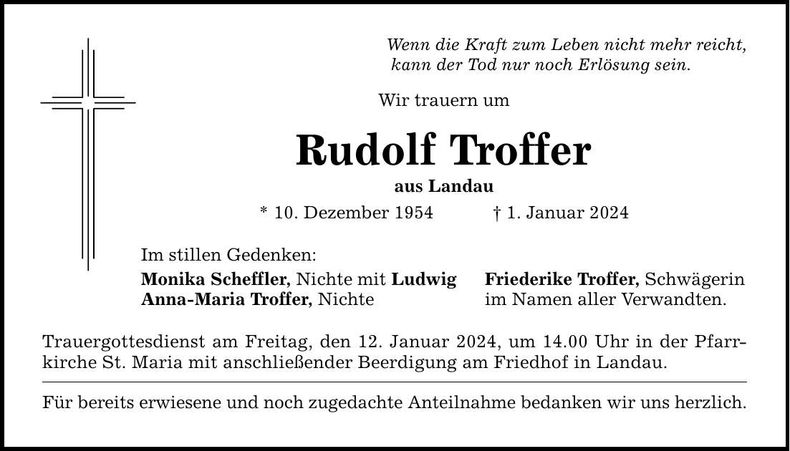 Traueranzeige Rudolf Troffer