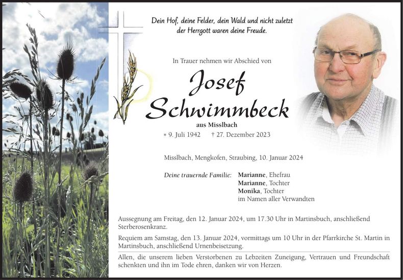 Traueranzeige Josef Schwimmbeck
