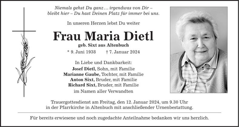 Traueranzeige Maria Dietl