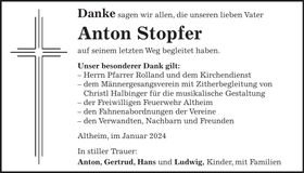 Traueranzeige Anton Stopfer