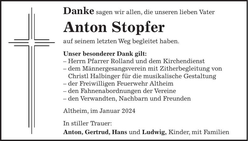 Traueranzeige Anton Stopfer