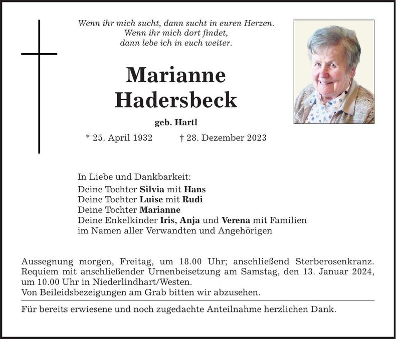 Traueranzeige Marianne Hadersbeck