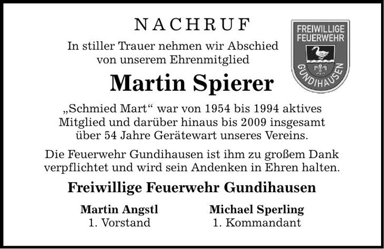 Traueranzeige Martin Spierer
