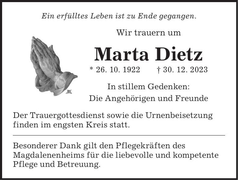 Traueranzeige Marta Dietz