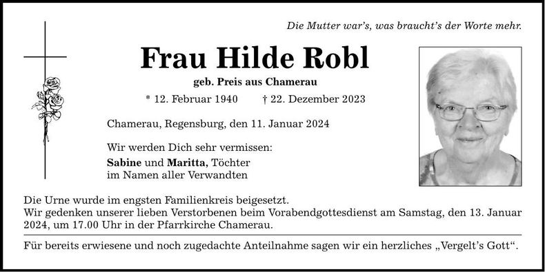 Traueranzeige Hilde Robl