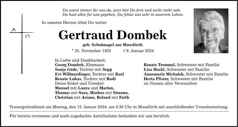 Traueranzeige Gertraud Dombeck