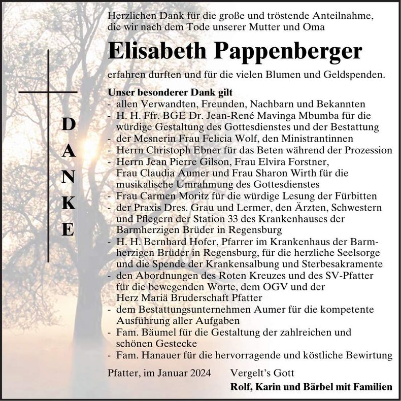 Traueranzeige Elisabeth Pappenberger