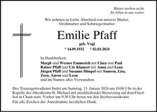 Traueranzeige Emilie Pfaff
