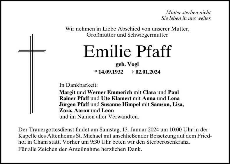 Traueranzeige Emilie Pfaff