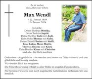 Traueranzeige Max Wendl