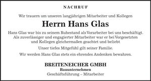 Traueranzeige Hans Glas
