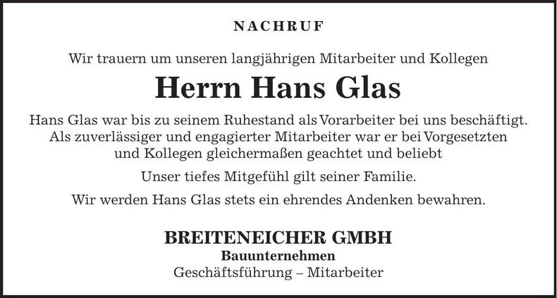 Traueranzeige Hans Glas